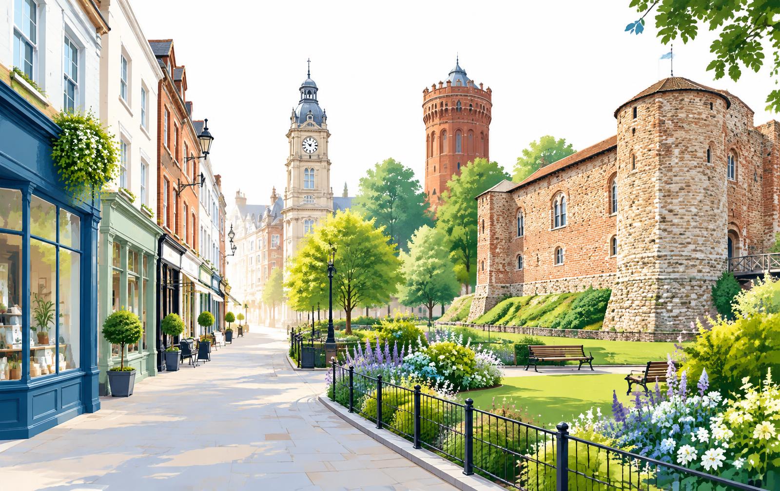 Illustration of Colchester town centre with independent shopfronts, Castle Park, the Town Hall clock tower and the Jumbo water tower
